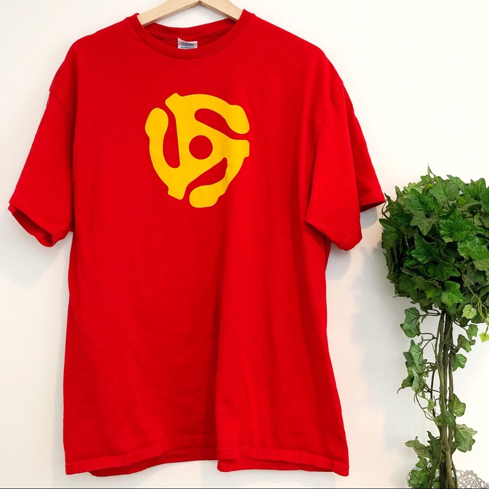 Red shirt with a Yellow Plastic Record adaptor, XL